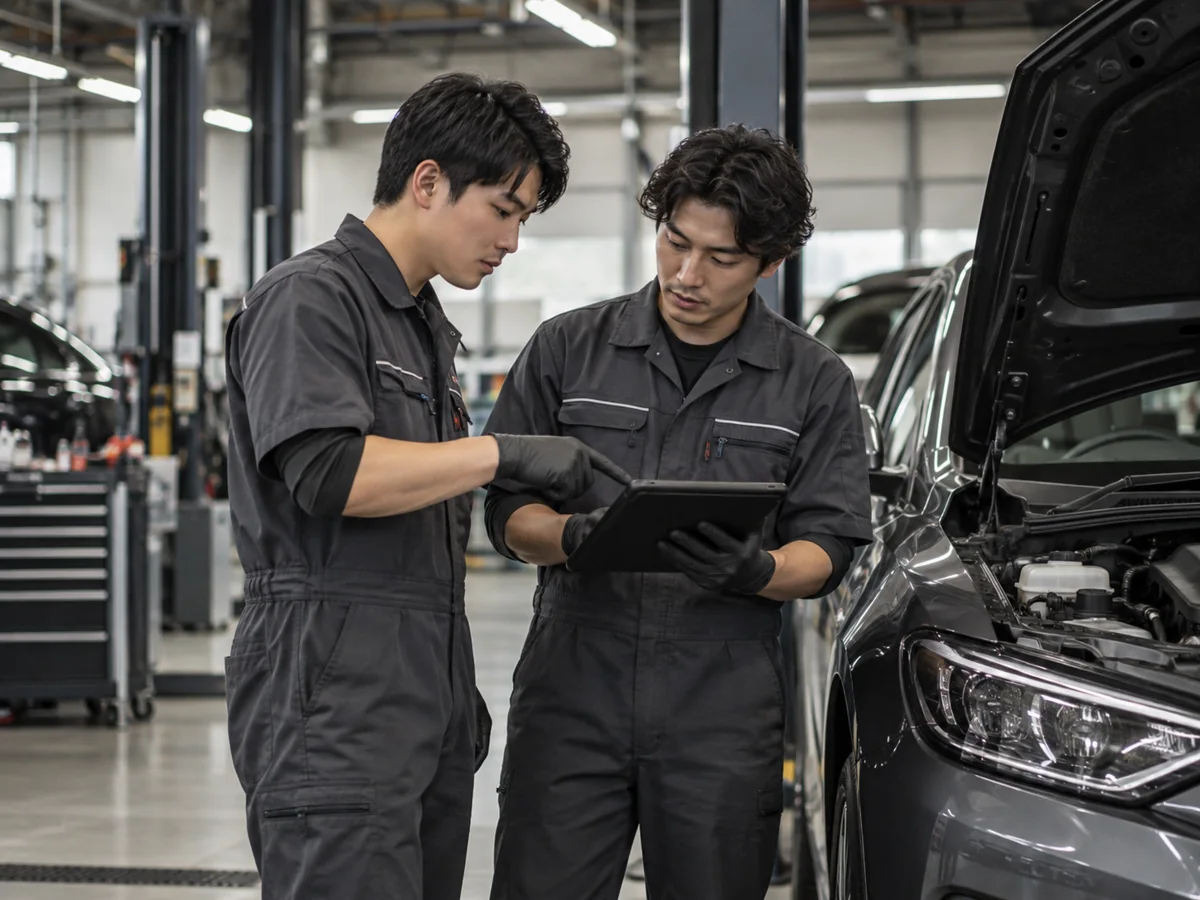 車両を前に相談する整備スタッフのイメージ