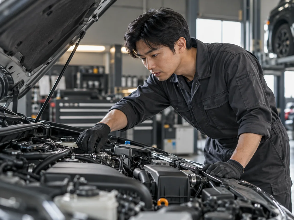 車両のエンジンを丁寧に確認する整備士のイメージ